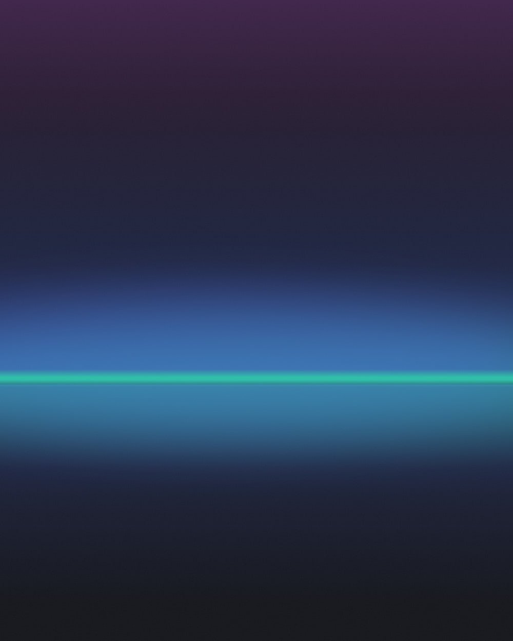 Stacked horizontal bands of violet and blue haze deepen toward a bright teal horizon line just below center, with a soft blue reflection fading into darkness beneath it.