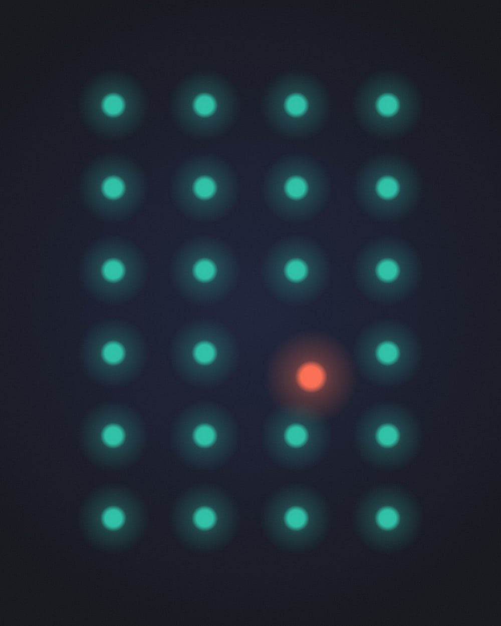 A grid of small glowing teal orbs on a dark charcoal field, with a single coral orb slipped out of line below its empty grid position.