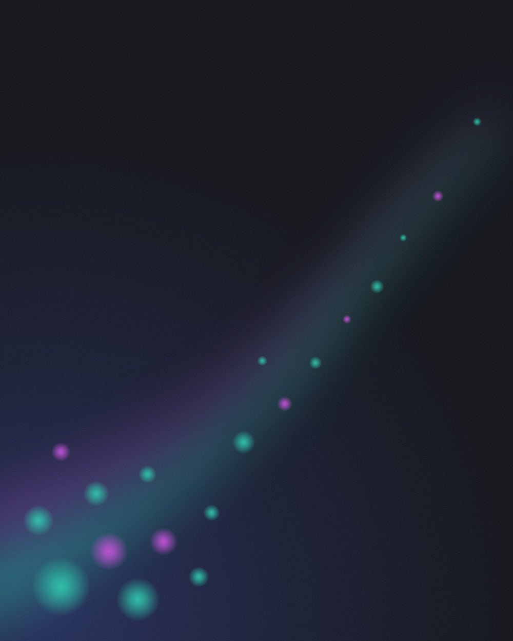 Teal and violet ribbons of light sweep diagonally from a dense cluster of glowing dots in the lower left corner to a nearly empty upper right on a dark field.