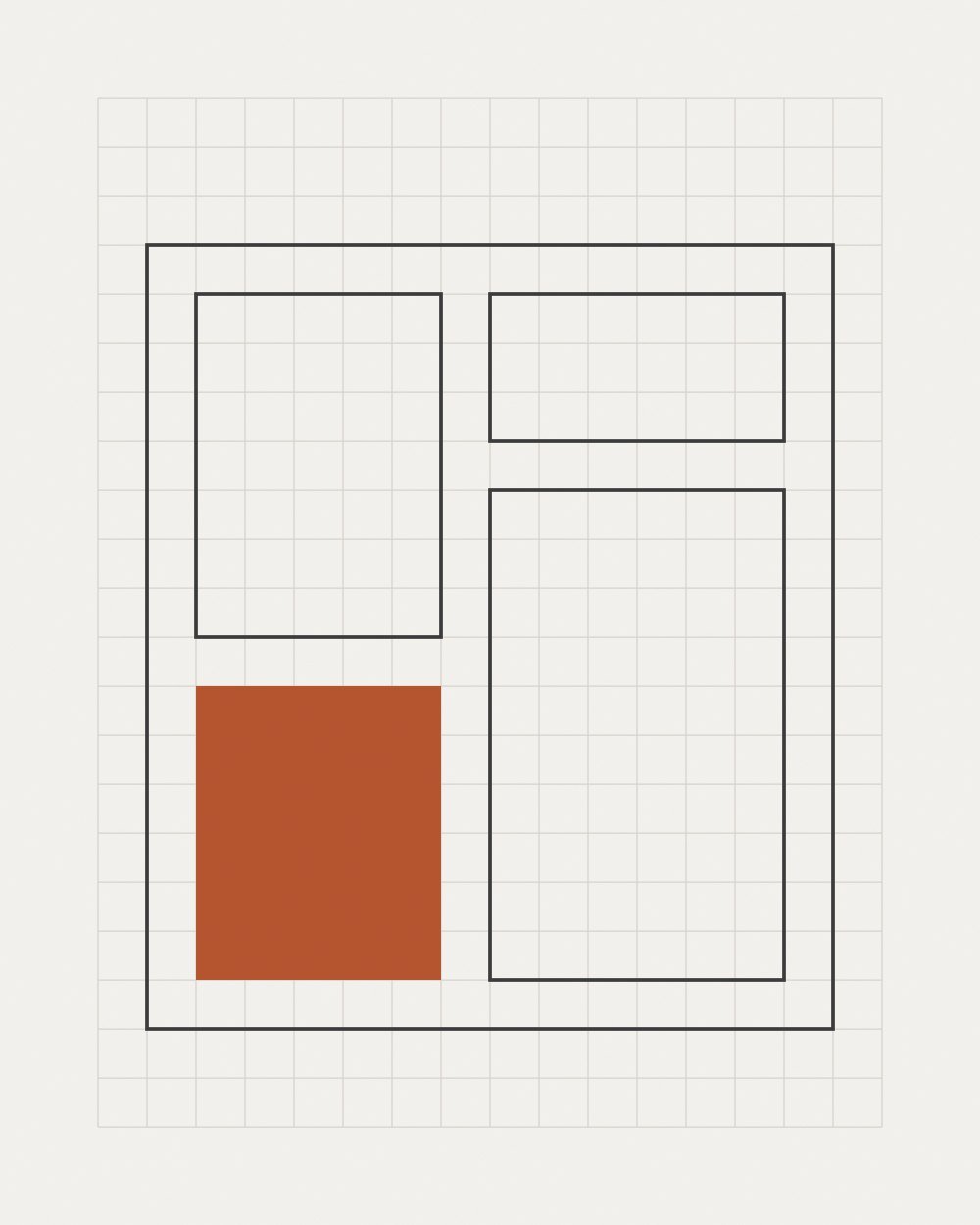 Outlined rectangles arranged like a building facade inside a larger outline on a faint grid, with one lower block filled rust.