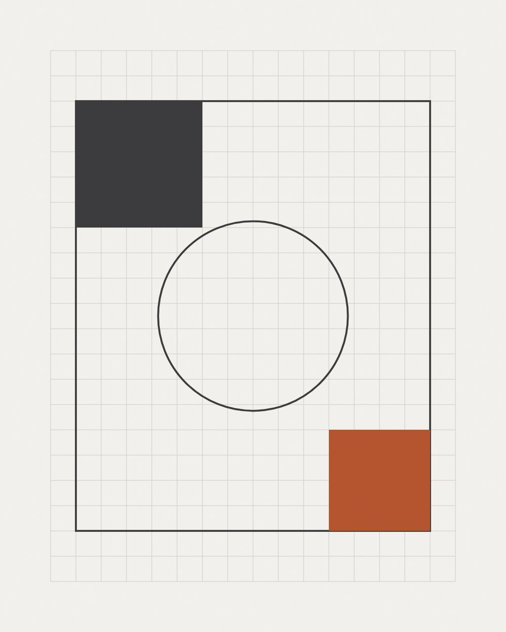 A large outlined square holding a circle, a solid graphite square at its top left corner and a rust square at its bottom right, on a faint grid.