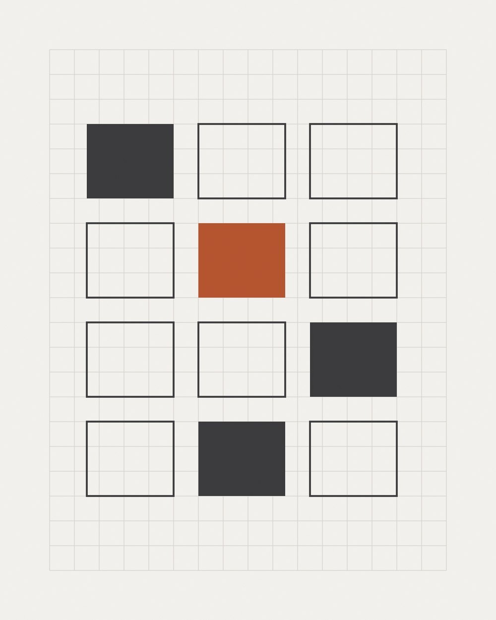 A grid of twelve small rectangles, most outlined, three filled graphite and one filled rust, on faint grid paper.