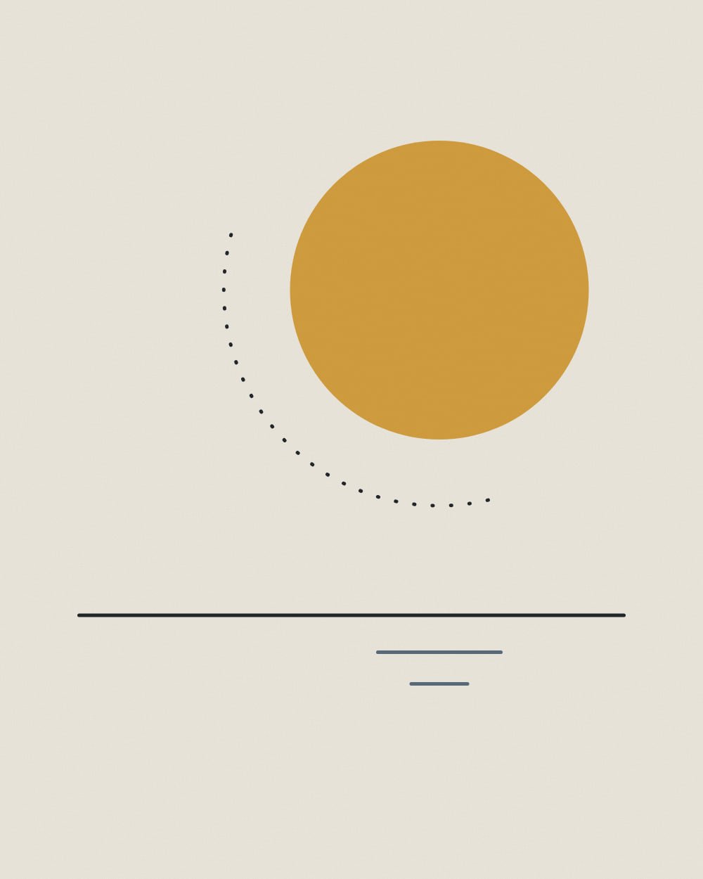 A large solid gold sun floats off-center above a thin ink horizon line, circled by a dotted arc, with two short dusk blue reflection dashes below the horizon.