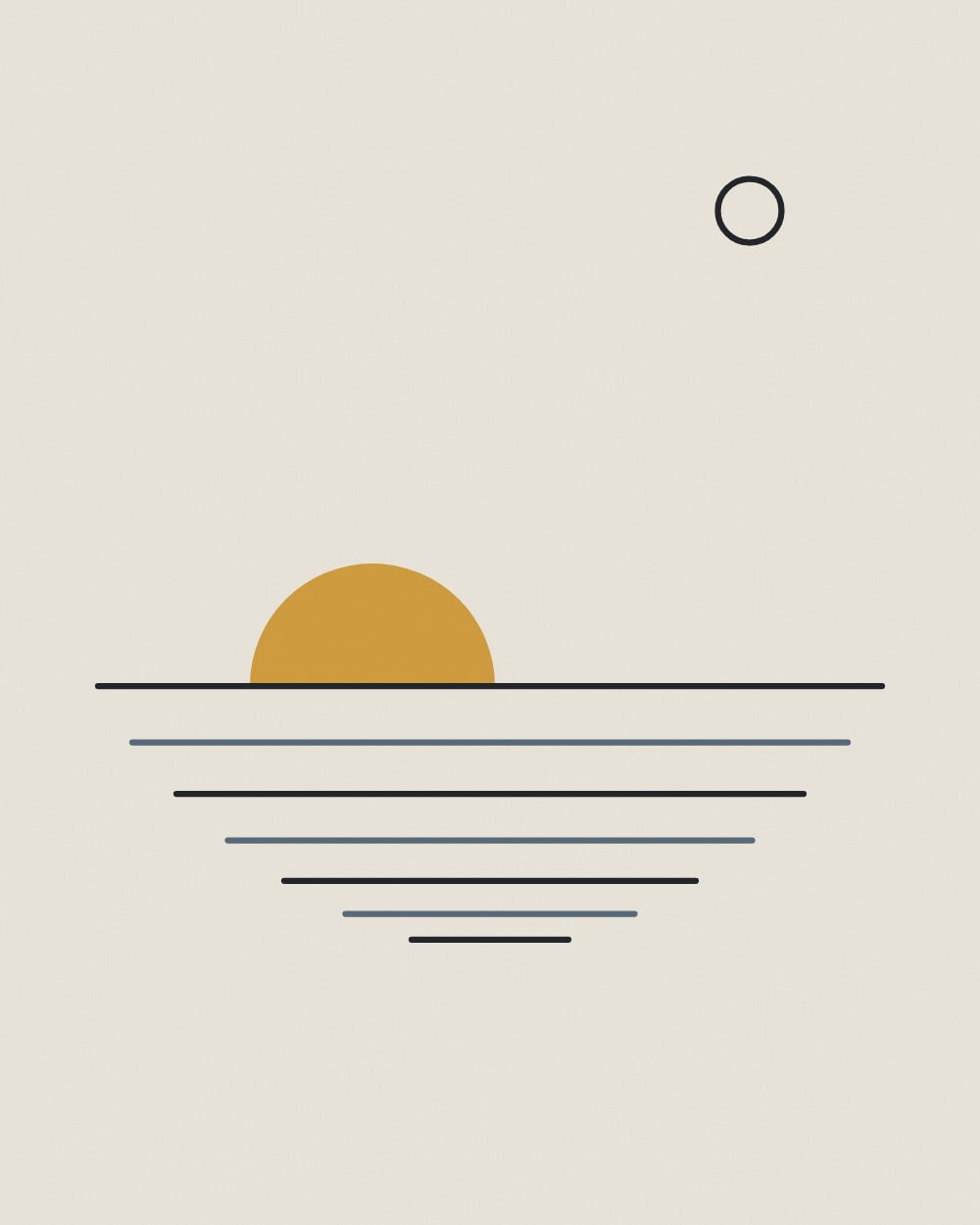 A gold half sun rests on the longest of seven stacked ink and dusk blue horizon lines that taper like receding water, with a small outlined moon in the upper right.