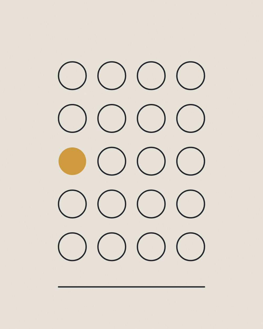 A grid of twenty thin ink circle outlines above a single baseline, with the ninth circle filled in solid gold.