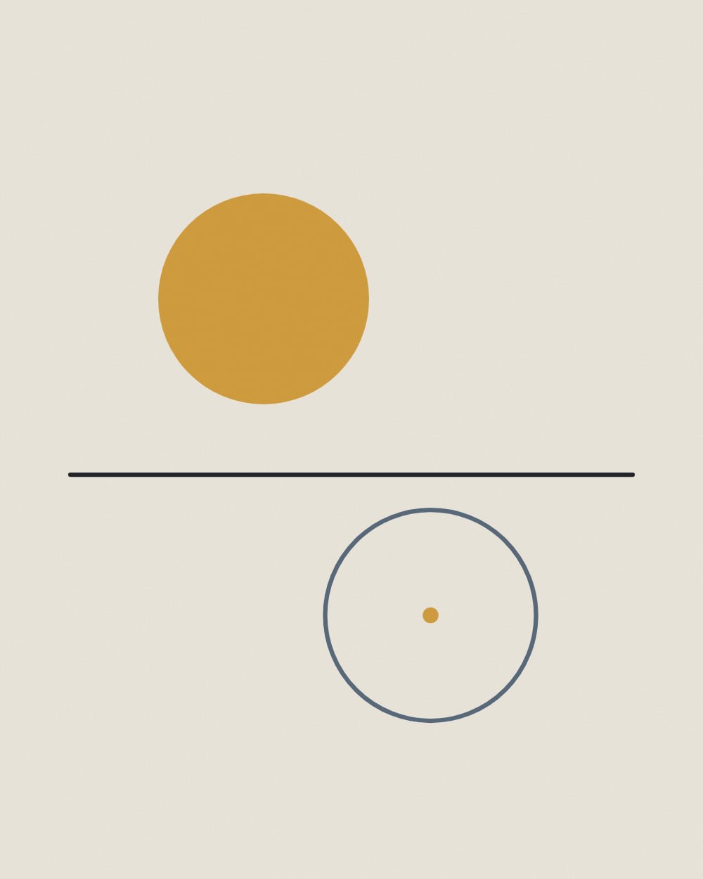 A solid gold circle hangs above a long ink horizon line while a dusk blue outlined circle holding a tiny gold dot sits below it to the right.