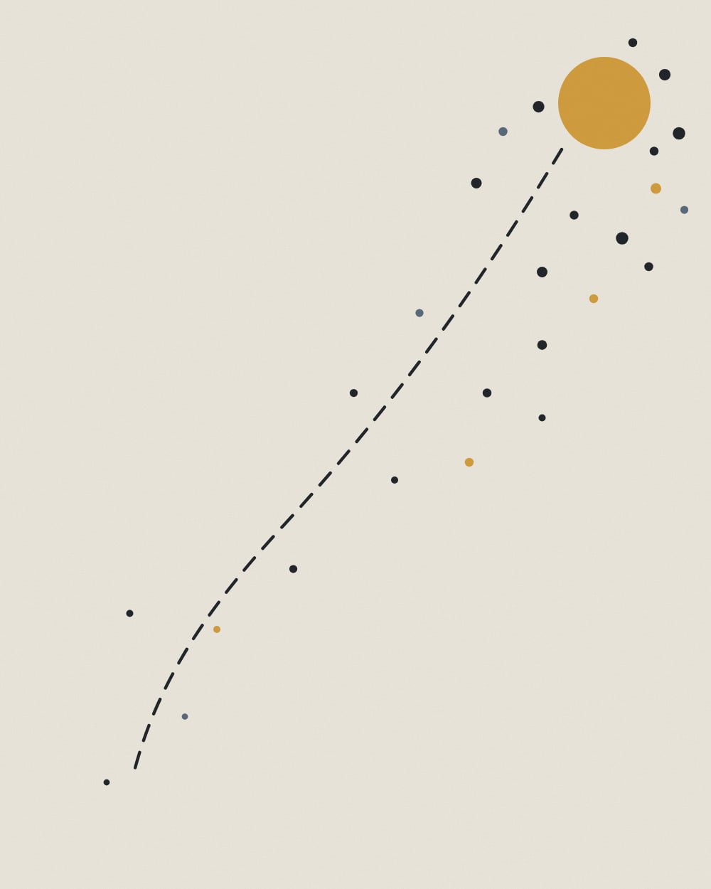 Small ink, gold, and dusk blue dots stream from a gold sun in the top right corner along a dashed curve, thinning toward the bottom left.