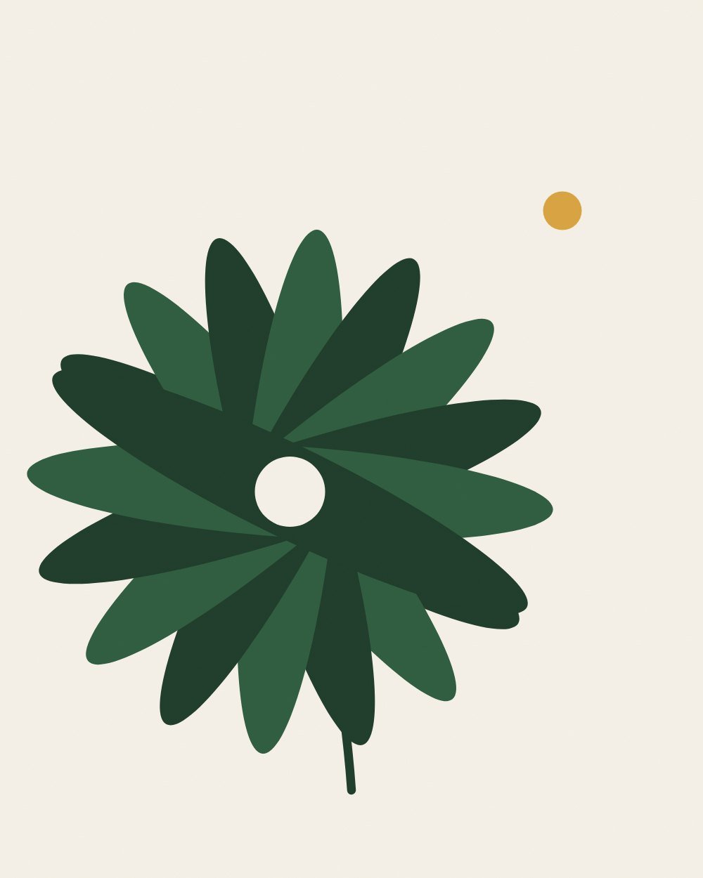 A large flower head of overlapping deep and mid green petals with a small pale centre on a curved stem, with a single ochre dot at the upper right on warm white paper.