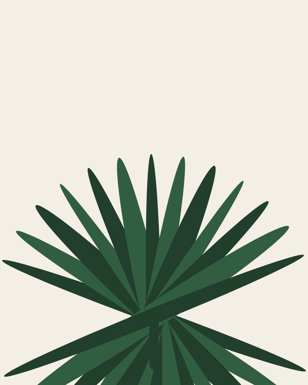 A fan of green palm blades radiating from the bottom centre of warm white paper.