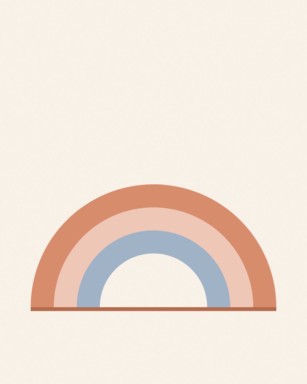 Nested half circles in terracotta, pink, dusty blue and cream rising from a thin terracotta line near the bottom of cream paper.