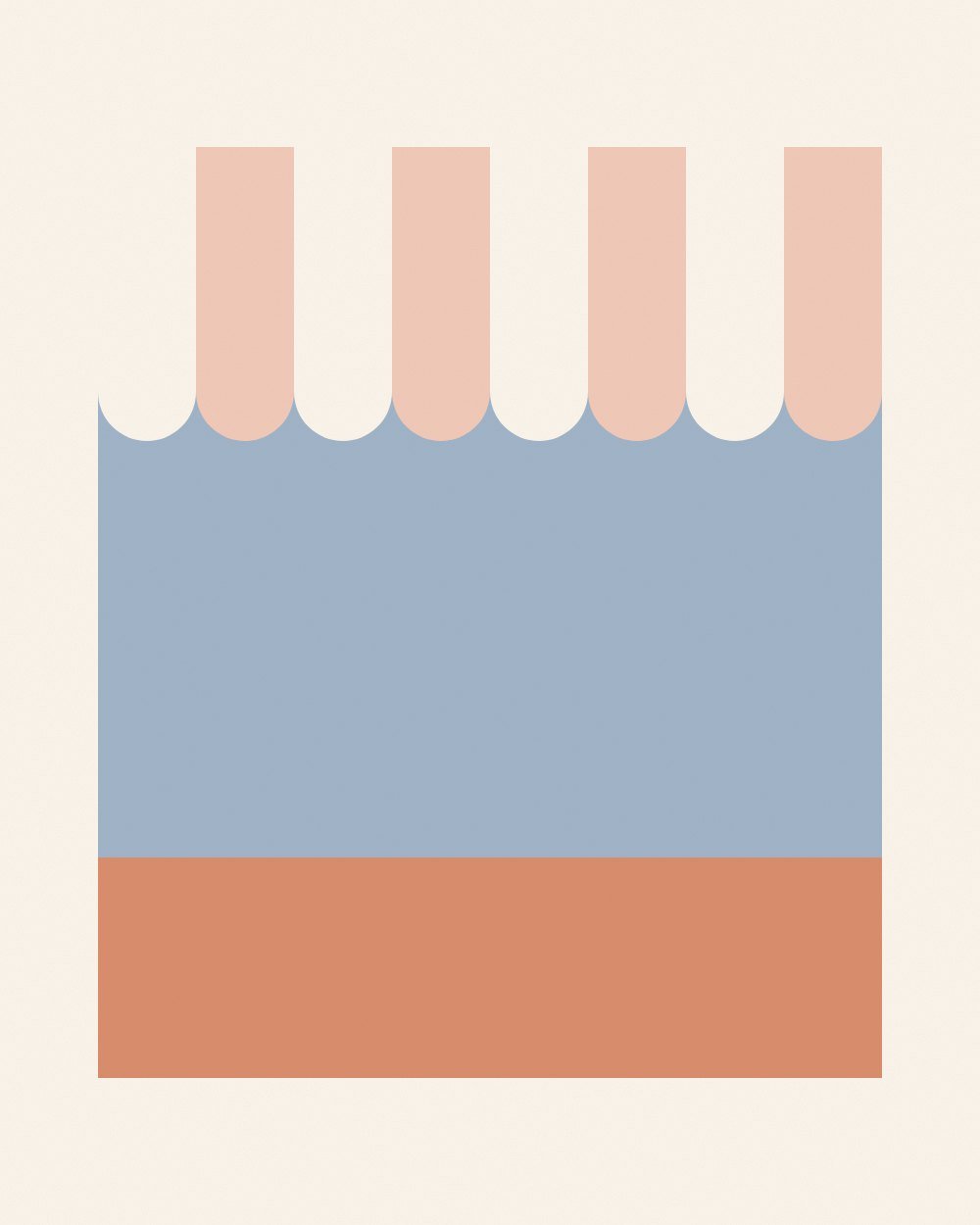 A dusty blue sky block with a scalloped pink and cream striped awning across its top and a terracotta ground along its bottom.