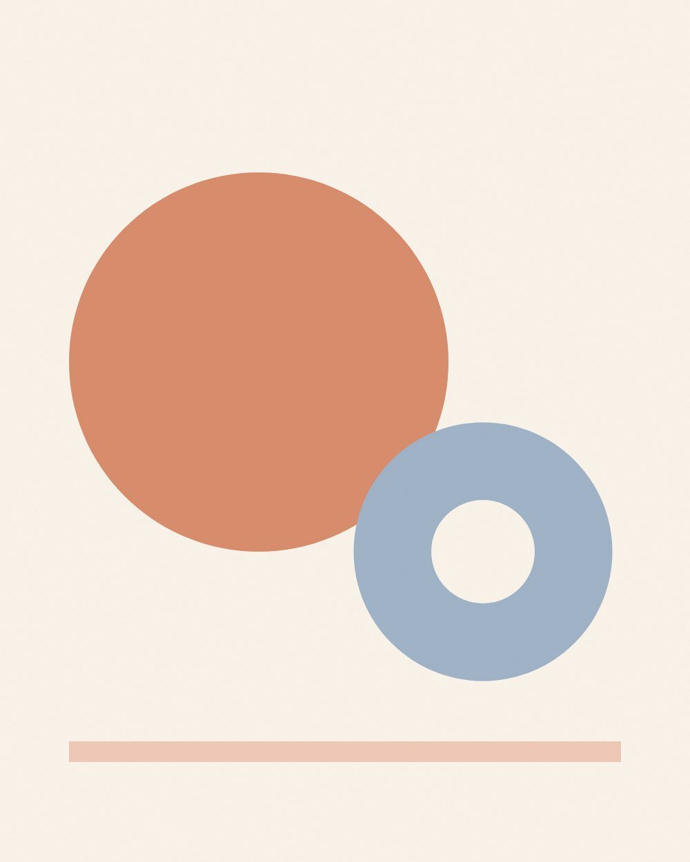 A large terracotta circle at upper left overlapped by a smaller dusty blue ring at lower right, above a thin pink stripe on cream paper.
