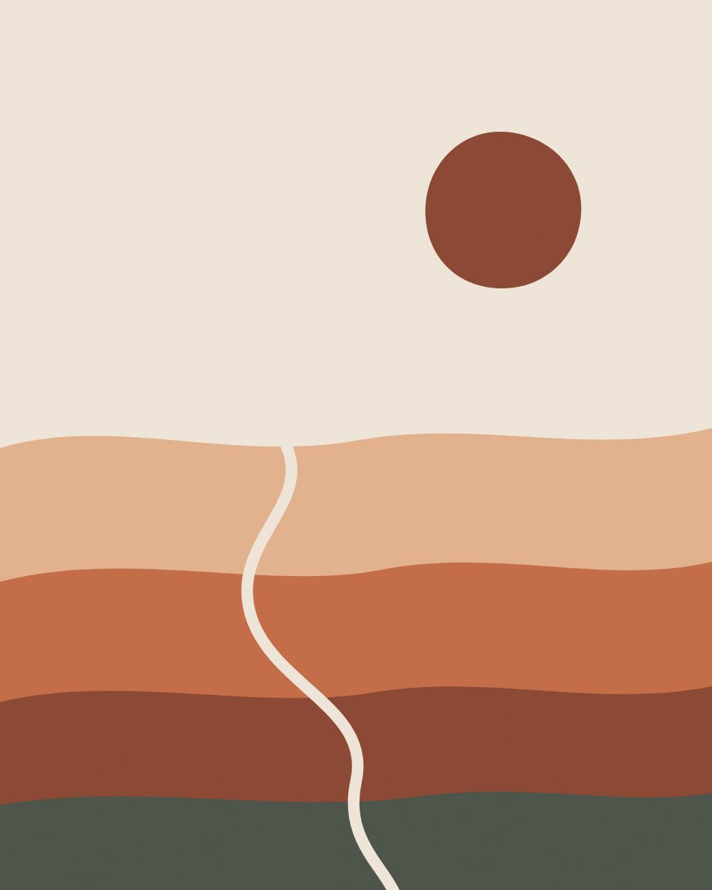 A layered horizon of wavy sand, terracotta, deep clay and olive bands sits under a cream sky with a round deep clay sun, and a pale river winds from the horizon down to the bottom edge.