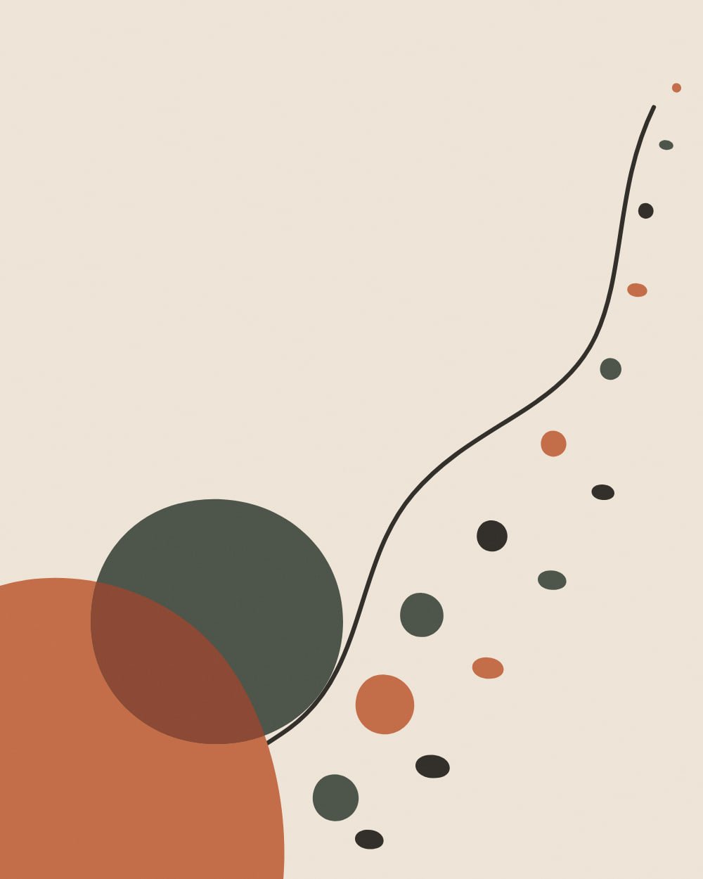 A terracotta and olive mass anchors the bottom left corner while a thin ink line and a trail of shrinking pebbles drift diagonally toward the sparse upper right.