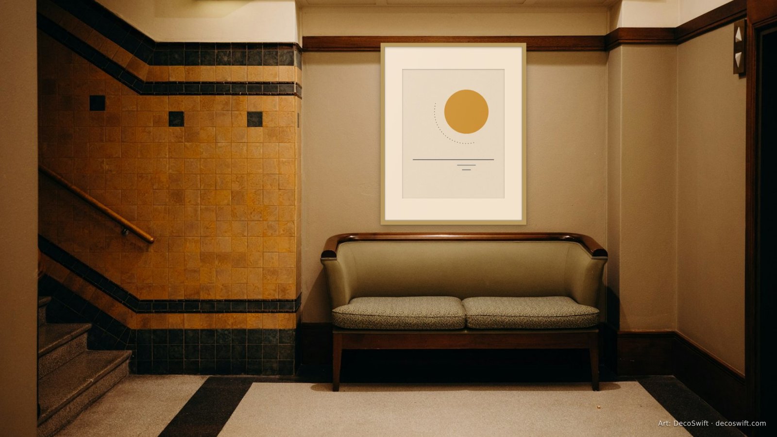 Video call background: The Gilded Hour print in a gilt frame with a wide mat above a green sofa on a hotel landing with tiled walls.