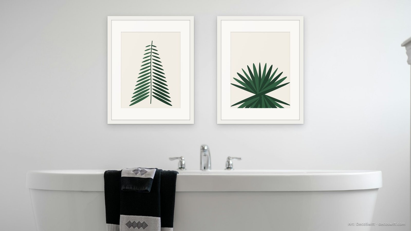 Video call background: Two Paper Cuts prints in white frames above a freestanding bathtub in a bright white bathroom.