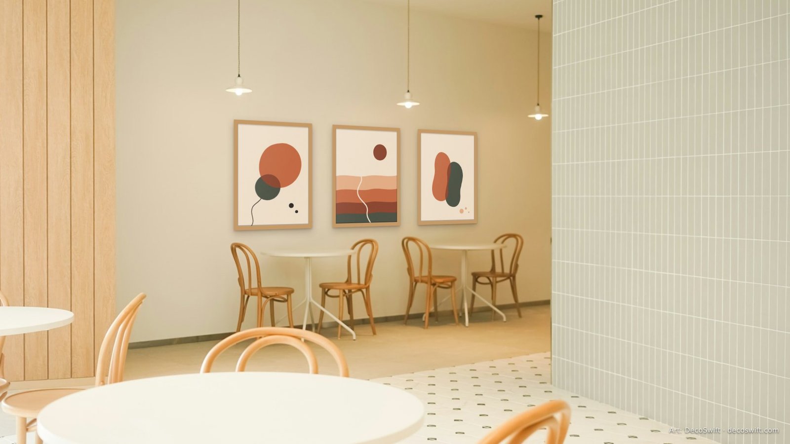 Video call background: Three Terra Forms prints in slim oak frames on the back wall of a bright cafe, above bentwood chairs and small round tables.